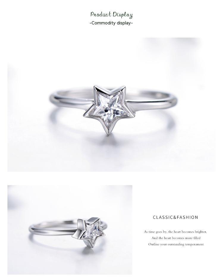Womens Sterling Silver Ring With Star Design And Zircon Inlay Engagement Ring Jewelry Gift For Her Five Point Star