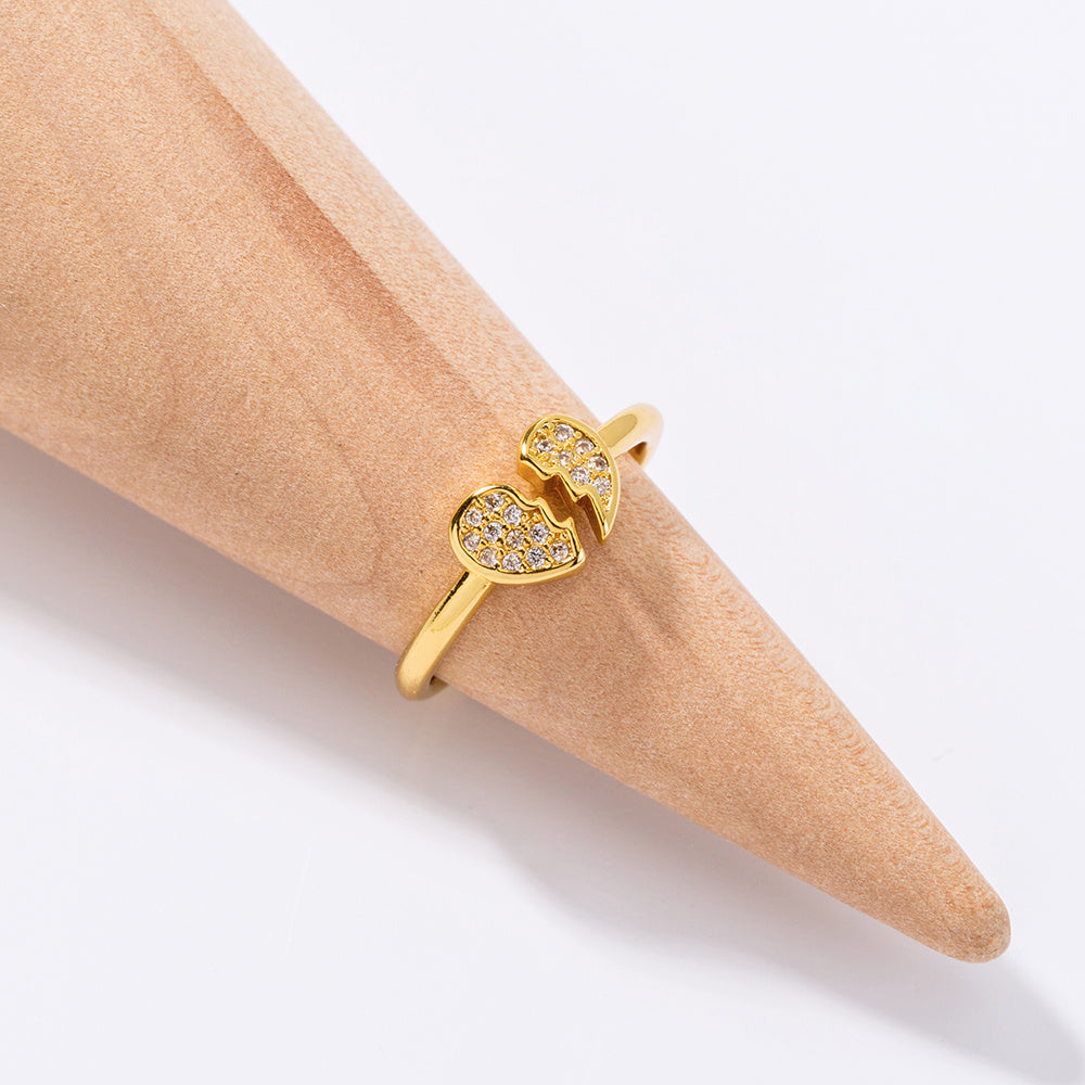 Adjustable Brass Gold Plated Couple Ring With Heart Zircon