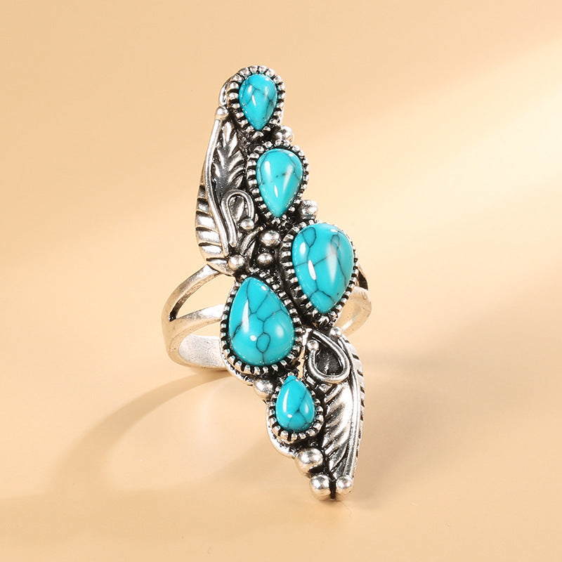 Alloy Ring Retro Geometric Design With Water Drop Blue Turquoise Accent For Her Fashion Jewelry Everyday Style