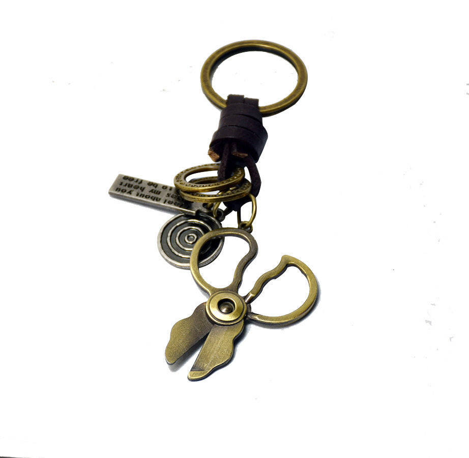 Unisex Cowhide Leather Keychain Retro Rock Angel Wings Alloy Key Ring Accessory for Keys Bags Vintage Style Accessory