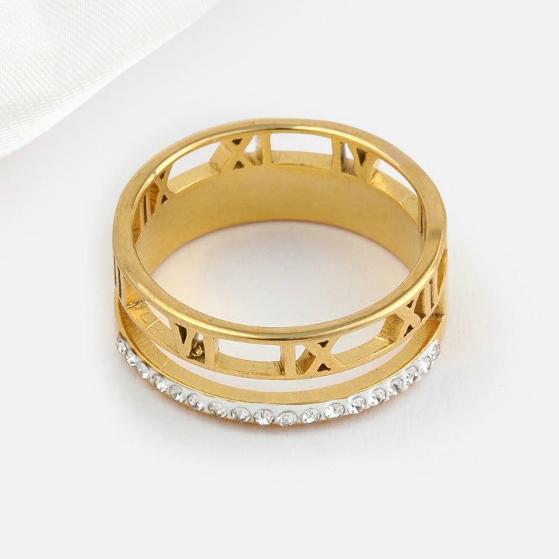 Womens Stainless Steel Ring Hollow Design With Diamond Inlay And Gold Number Fashion Jewelry For Everyday Look