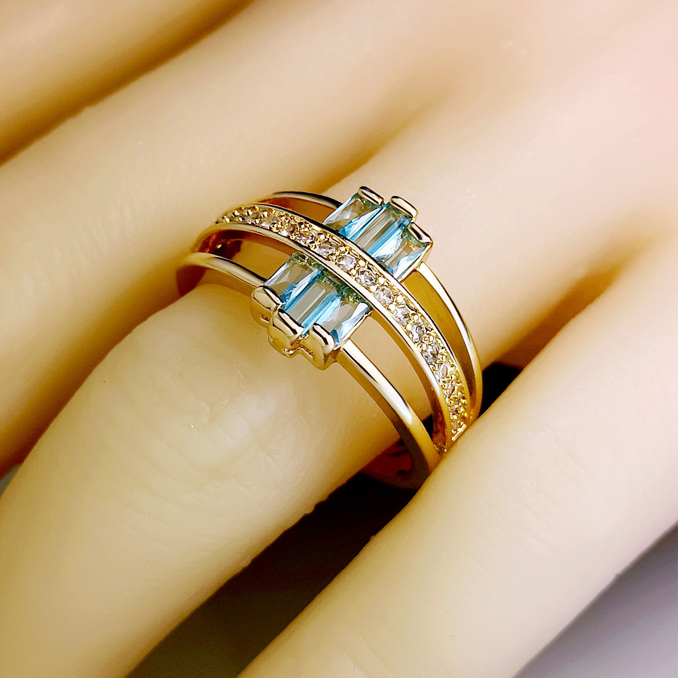 Zircon Sea Blue Topaz Ring Copper Gold Tone Geometric Inlaid Jewelry For Her Elegant Durable Accessory Jewelry