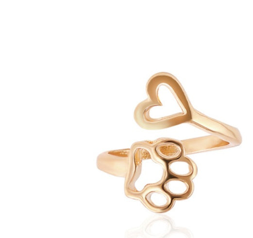 Ladies Love Dog Print Ring Adjustable Opening Alloy Electroplated Finish Gold Or Silver European American Look