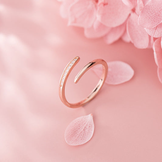 Adjustable Rose Gold S925 Silver Ring Open Band With Simple Row Design For Women And Girls Fashion Jewelry Set