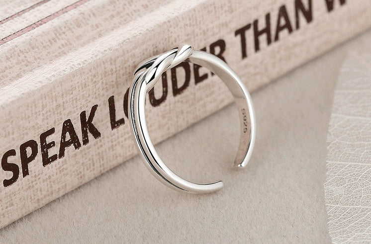 Sterling Silver Double Line Knotted Ring Retro Vintage Adjustable 925 Silver Purity Statement Ring for Women