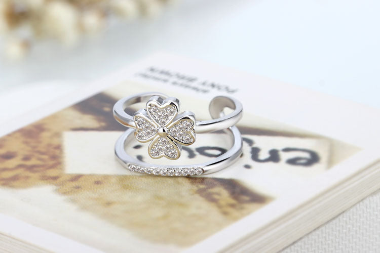 Adjustable Four Leaf Flower Diamond Ring With Inlaid Gemstone Silver Copper White Gold Plated Jewelry Gemstone