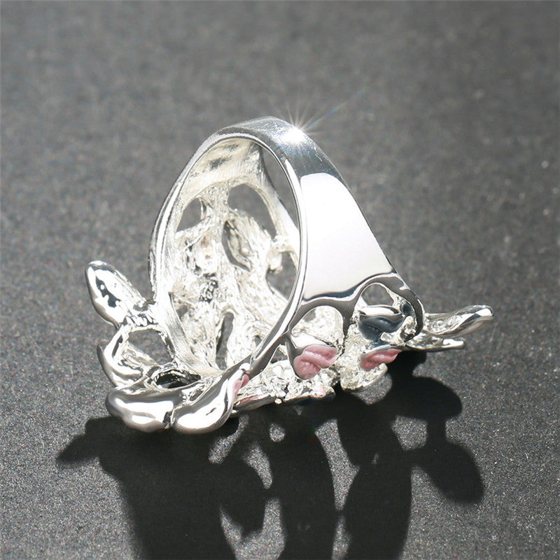 Silver Plated Alloy Index Finger Ring With Floral Carved Mosaic Gemstones And Elegant Detailing For Daily Wear