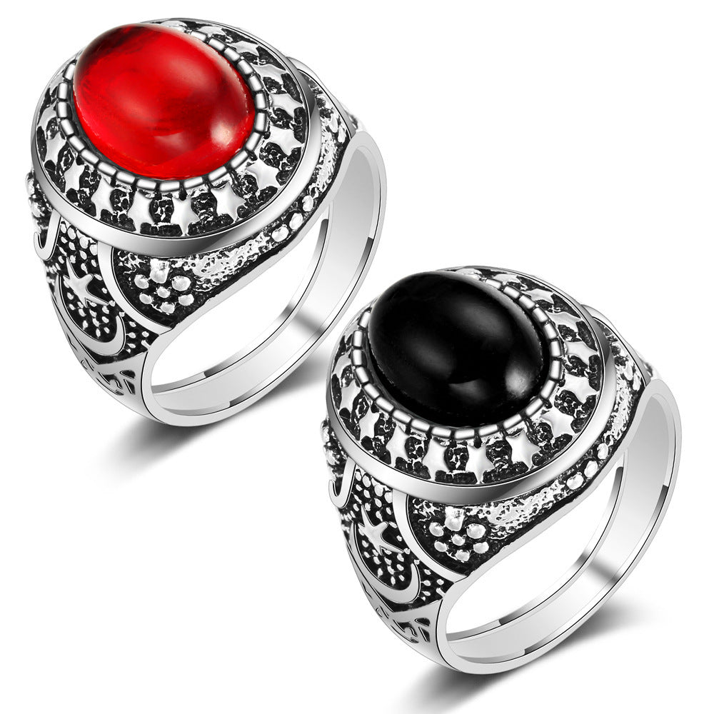 Womens Vintage Alloy Ring Antique Silver Electroplated Geometric Moon And Stars Design With Ruby Gem Inlay Fashion