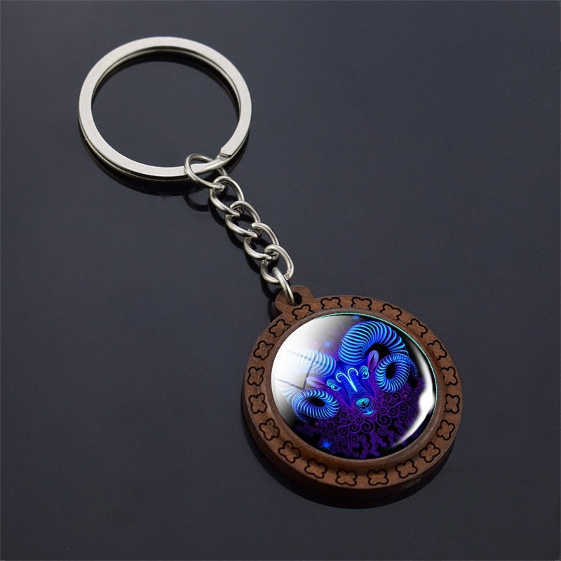 Wooden Carved Constellation Zodiac Keychain with Time Gem Pendant and Glass Accents for Purse Blue Finish Gift