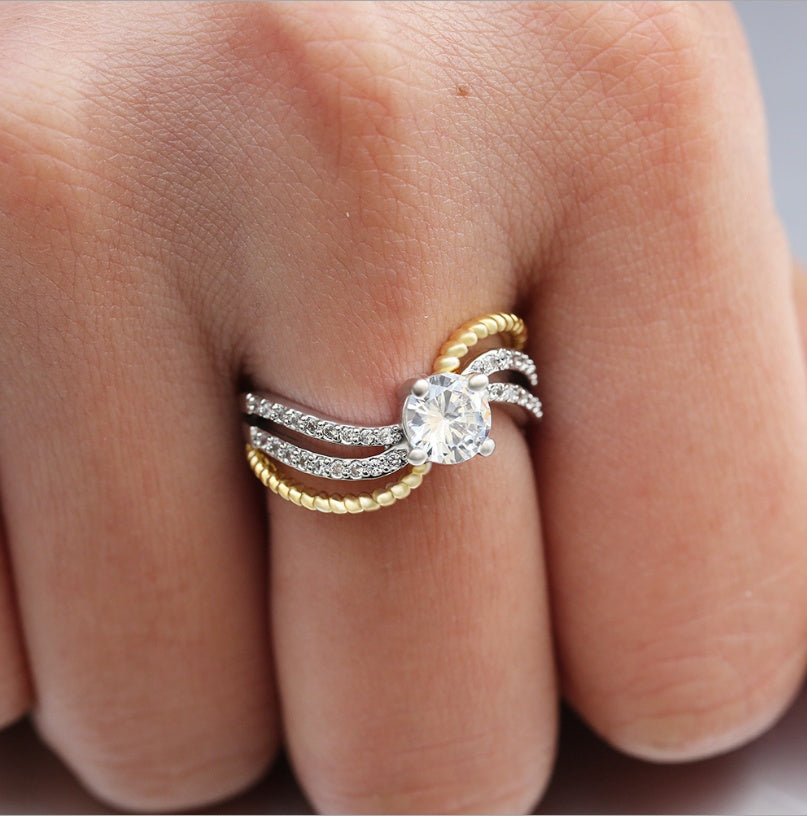 Women Zircon Inlaid Ring Two Tone Gold Plated Copper Geometric Fashion Jewelry Accessory Elegant Statement Wear