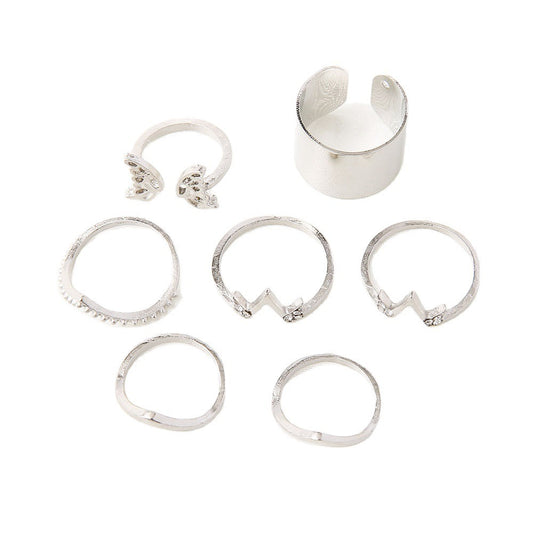 7 Piece Alloy Ring Set For Women With Butterfly Design And Diamond Inlays V Shape Fashion Jewelry Silver Tone Set