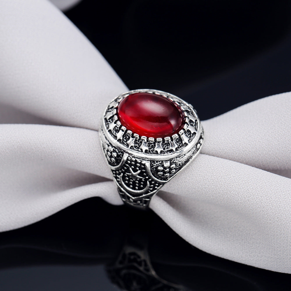 Womens Vintage Alloy Ring Antique Silver Electroplated Geometric Moon And Stars Design With Ruby Gem Inlay Fashion