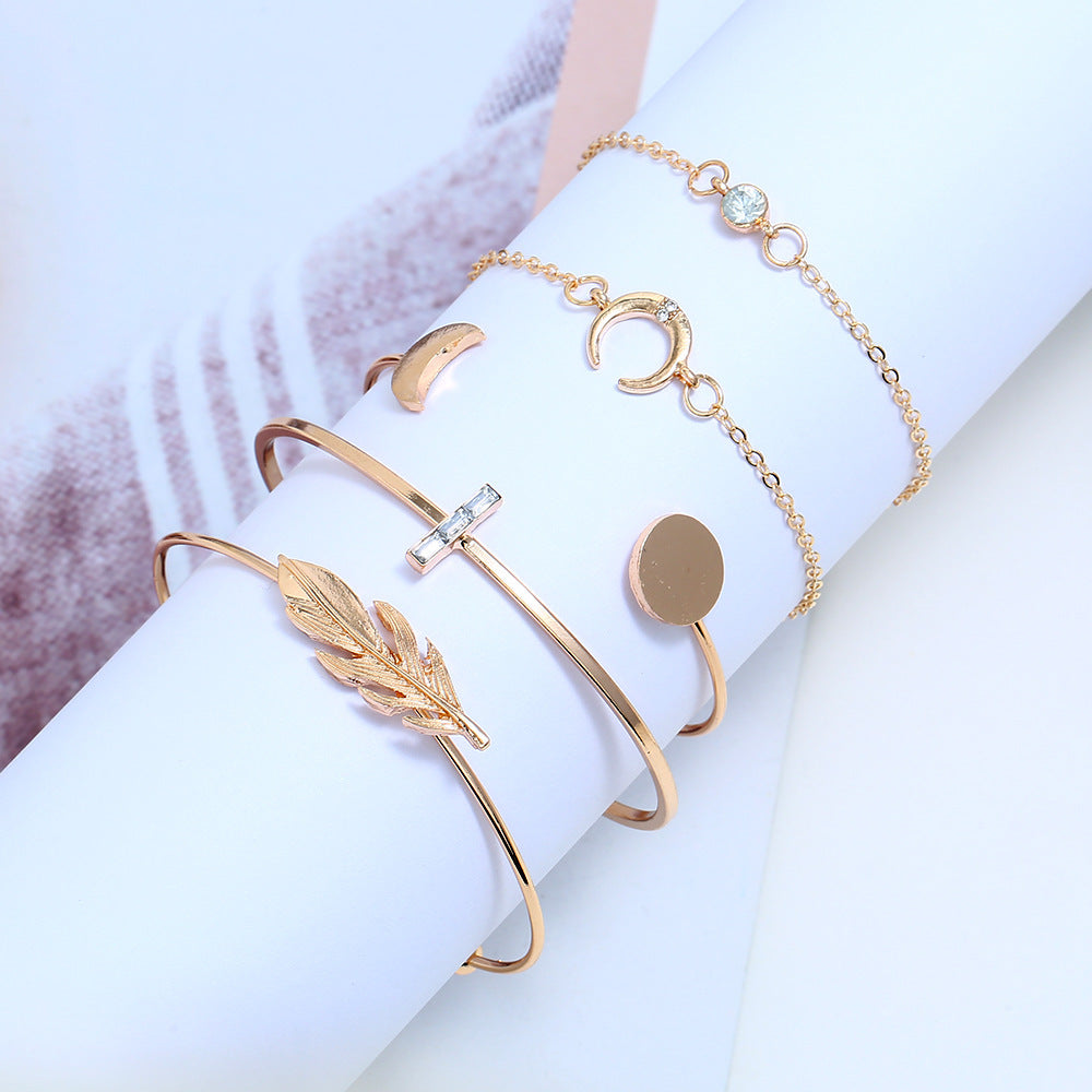 Womens Vintage Bracelet Set Crescent Feather and Leaf Design Rhinestones Crystal Inlay Zinc Alloy Jewelry Ring