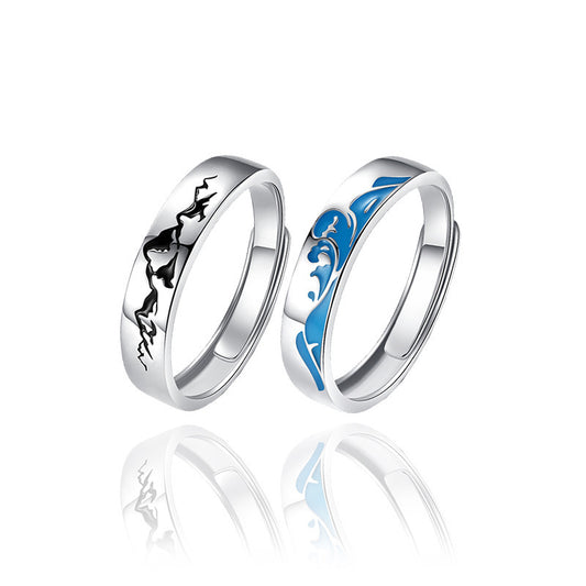 925 Sterling Silver Wave Design Couple Rings Epoxy Finish Matching Promise Bands For Him And Her For Every Day