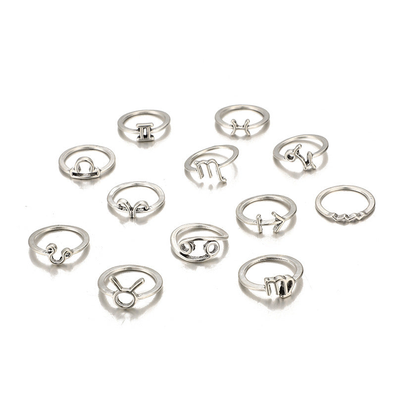 Zodiac Rings For Women Constellation Jewelry Electroplated Alloy European And American Style 12 Piece Set Collection