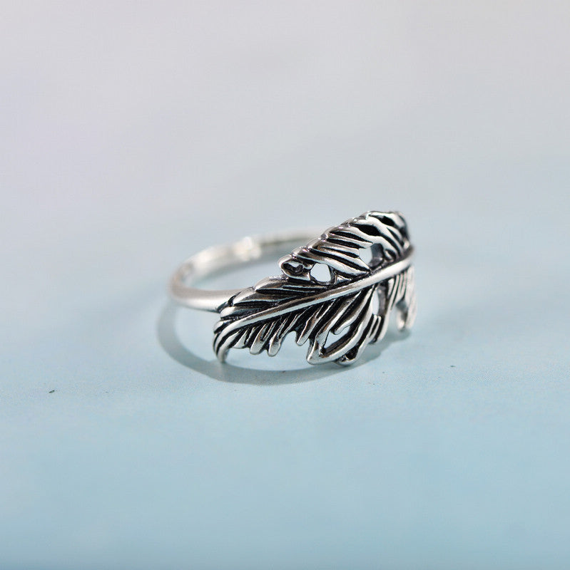 Vintage Thai Feather Ring Hollow Leaf Design Lightweight 925 Sterling Silver Closed Mouth Jewelry Gift For Everyday Use