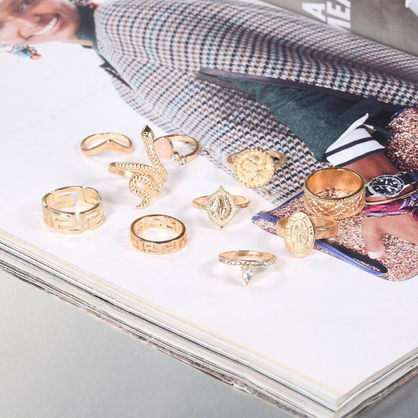 Womens Fashion Rings Set 10 Piece Alloy Stackable Diamond Shaped Rings Electroplated Everyday Material Process