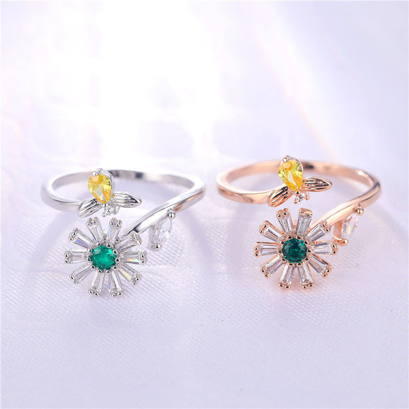 Bee Daisy Rotating Ring Gold Plated Zircon Adjustable Opening Nature Inspired Durable Everyday Jewelry Durable