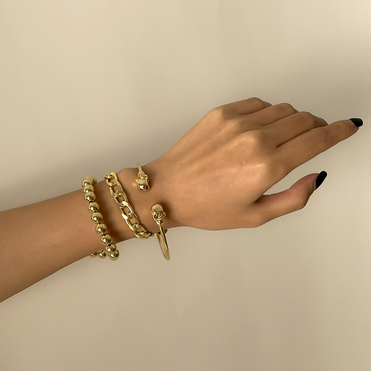 Womens Punk Skull Bracelet Set Metal Chain And Round Beads Fashion Jewelry Accessory Gift Idea For Her Everyday Wear