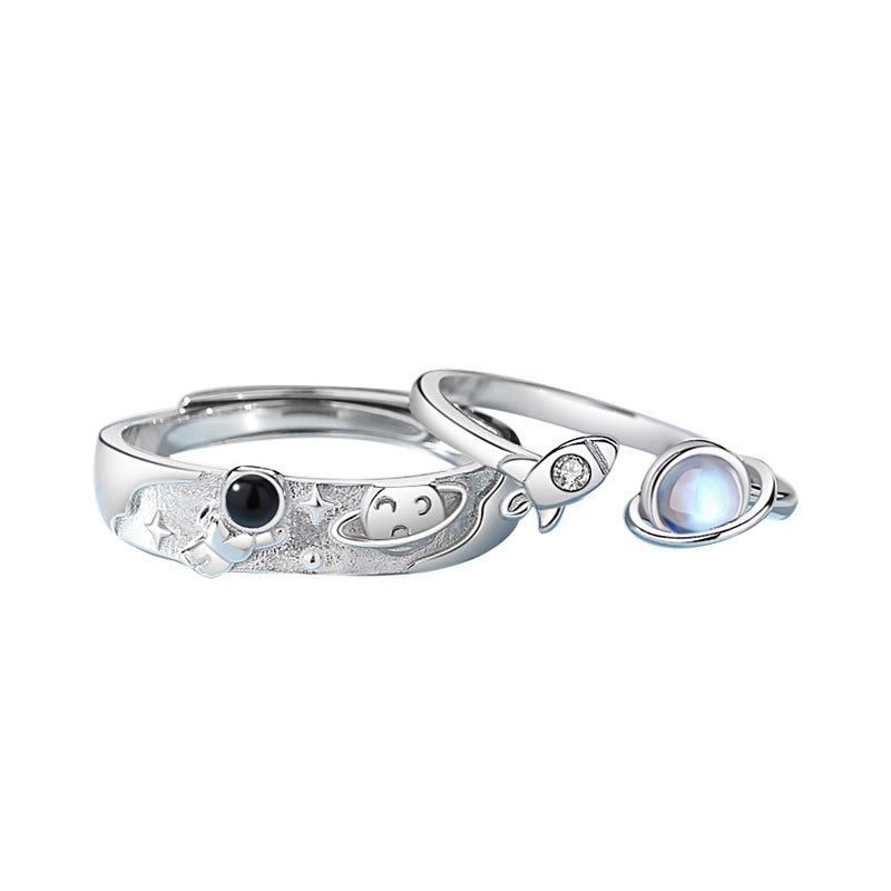 Couple Rings Set Planet Crystal Inlay Silver Anniversary