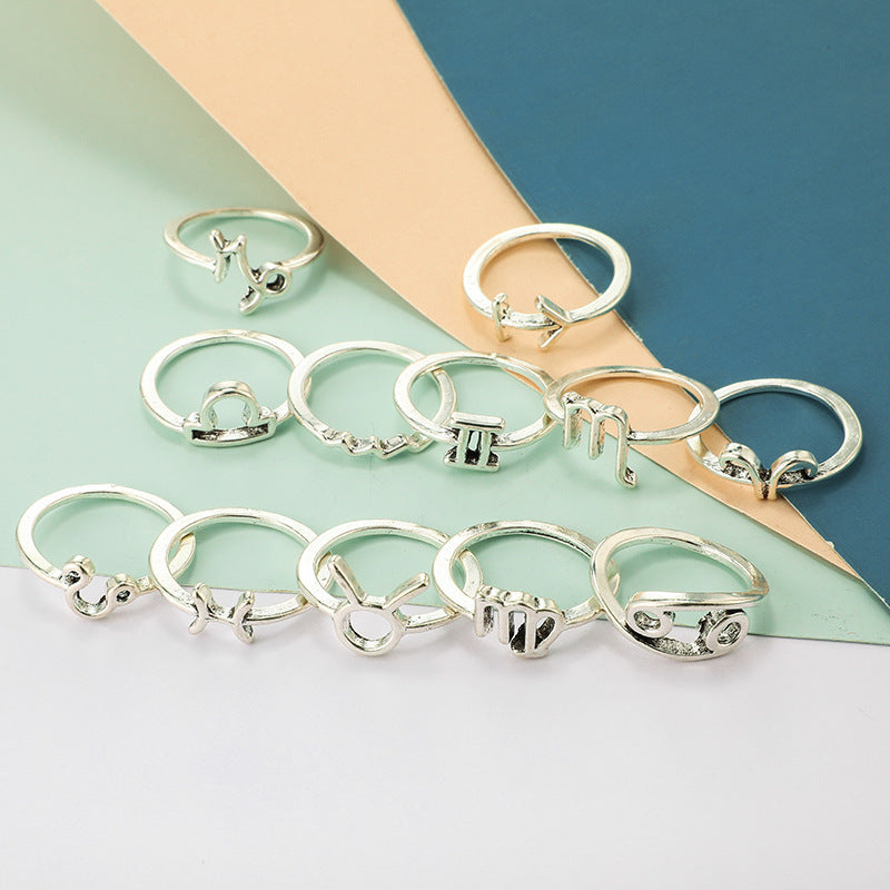 Zodiac Rings For Women Constellation Jewelry Electroplated Alloy European And American Style 12 Piece Set Collection
