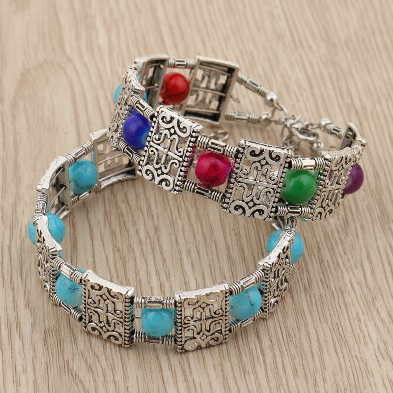 Womens Turquoise Beaded Geometric Alloy Bracelet Electroplated Fashion Bracelet Tibetan Bracelet Boho Bracelet