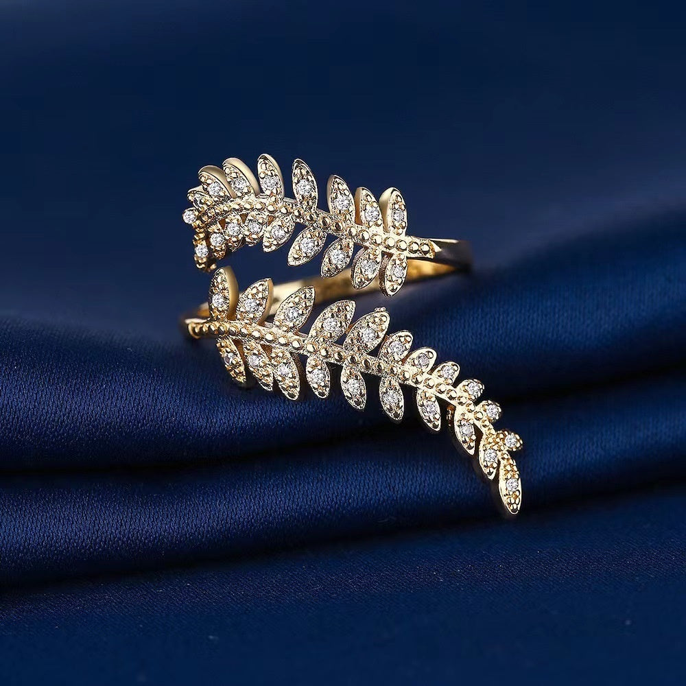 Womens Adjustable Leaf Ring White Gold Inlaid Zircon Copper Ring Nature Inspired Elegant Fashion Jewelry Style