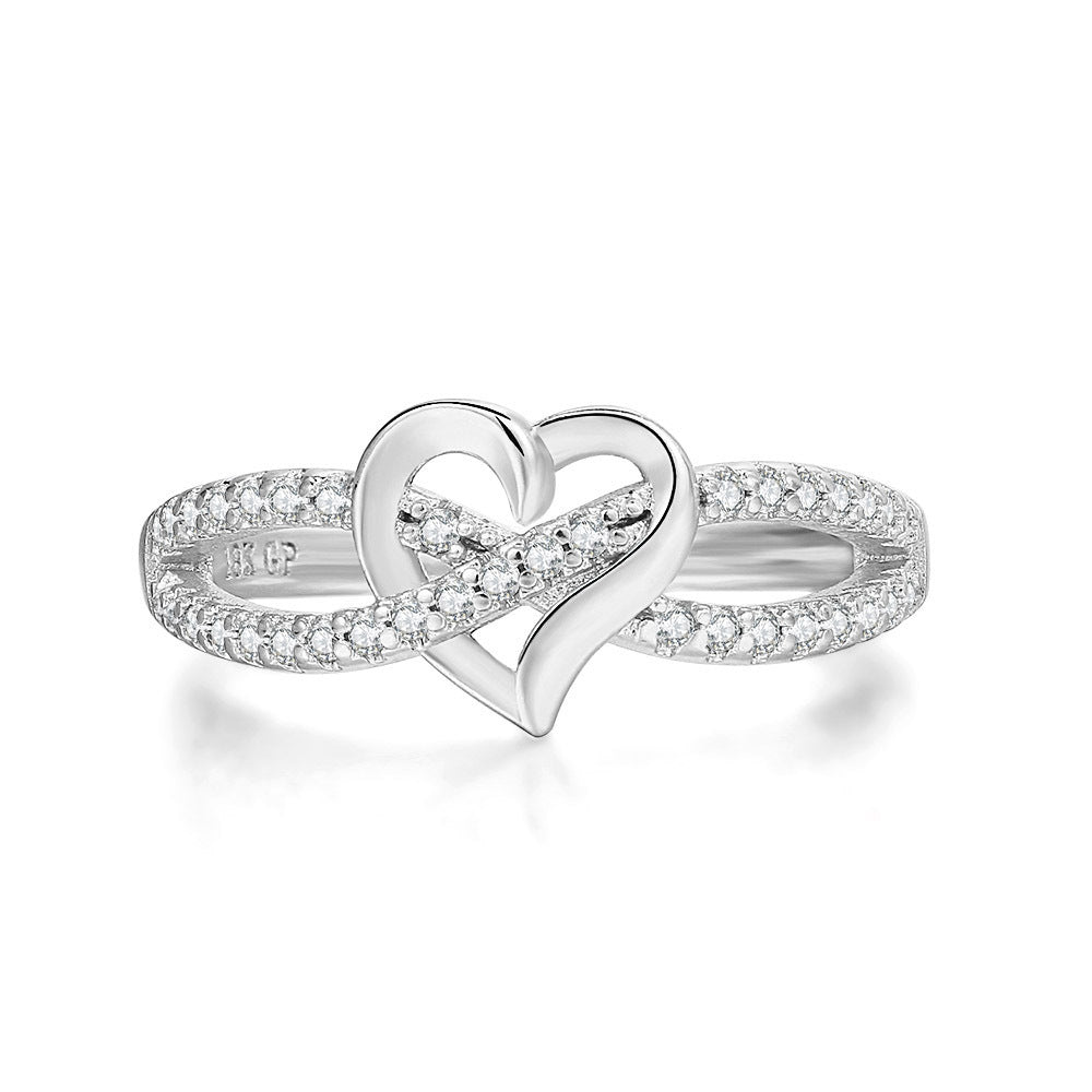 Womens Zircon Inlaid Copper Ring With Heart Bow Design Platinum Plated Jewelry In Gold Silver Tones Elegant Style