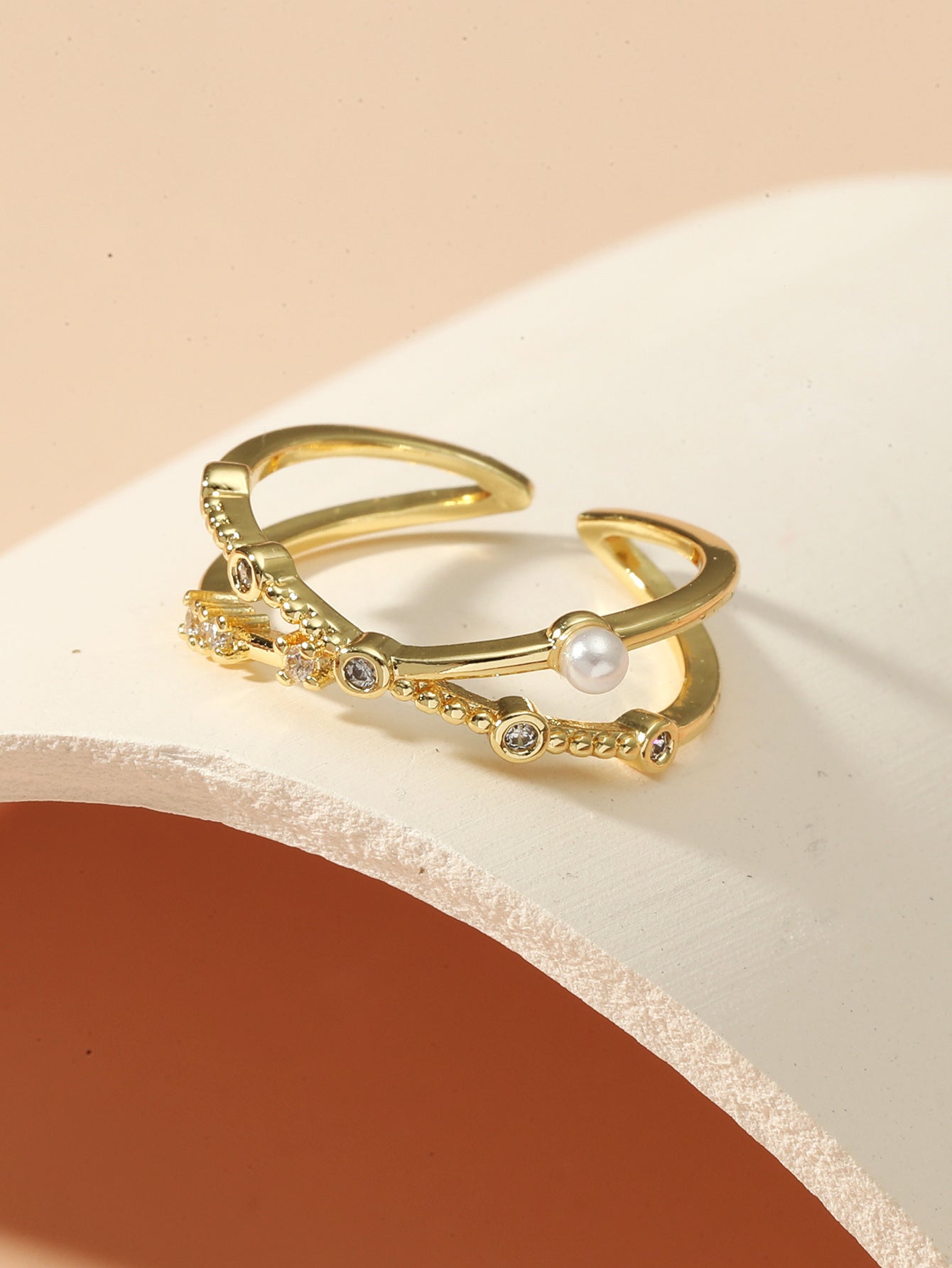 Womens 925 Sterling Silver Gold Plated Hollow Geometric Ring White Crystal Jewelry for Her Birthday Gift Ideas