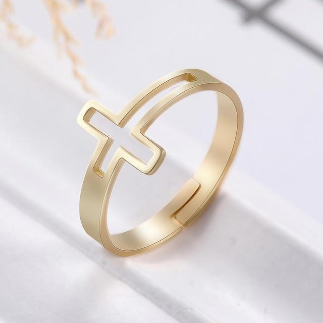 Womens Stainless Steel Cross Ring Adjustable Open Band Fashion Jewelry Gold White Rose Gold Colors Gift Birthday