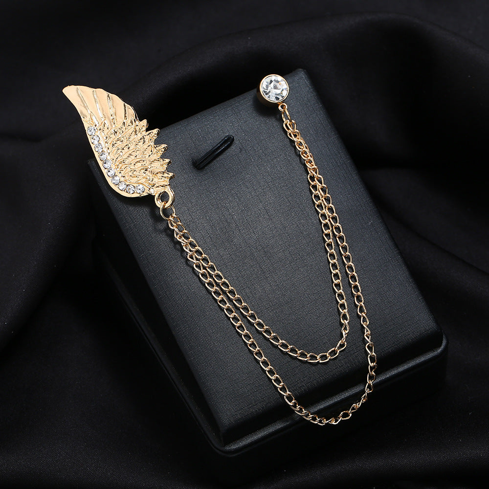 Angel Wings Brooch Silver Plated Rhinestone Metal Tassel Chain Unisex Vintage Fashion Pin Handcrafted Gem Sets