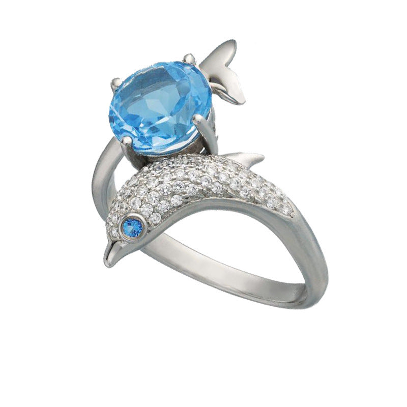 Shiny Dolphin Shaped Womens Ring With Royal Blue Zircon Copper Inlay Jewelry Ideal Birthday Gift Elegant Gifts