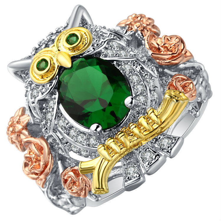 Copper Owl Ring With Green Zircon Inlay Unisex Jewelry Animal Zodiac Style Sizes 6 7 8 9 10 Birthday Gift Elegant