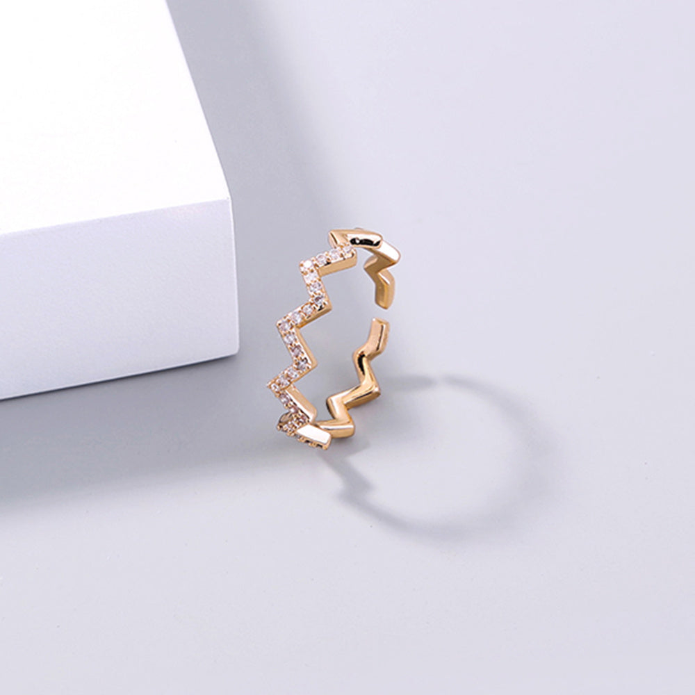Adjustable Copper Zircon Ring With Wavy Design Sparkly Electroplated Finish For European Anniversary Gift Jewelry