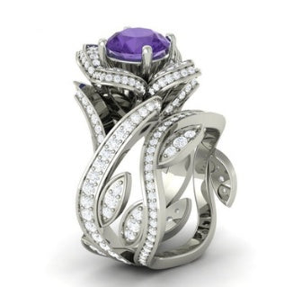 Womens Rose Zircon Floral Ring Copper Silver Plated Artificial Gemstone Inlay Elegant Fashion Jewelry Chic Gift