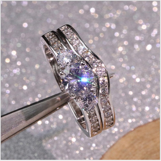 White Copper Plated Ring With Simulated Diamonds For Couples Lily Life Love Engagement Proposal Jewelry For All Time