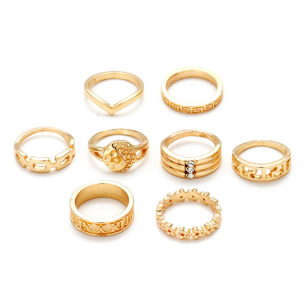 Unisex Geometric Ring Hollow Petaled Design Alloy Gold Plated Inlaid Gemstones Fashions Ring Set For Men Women