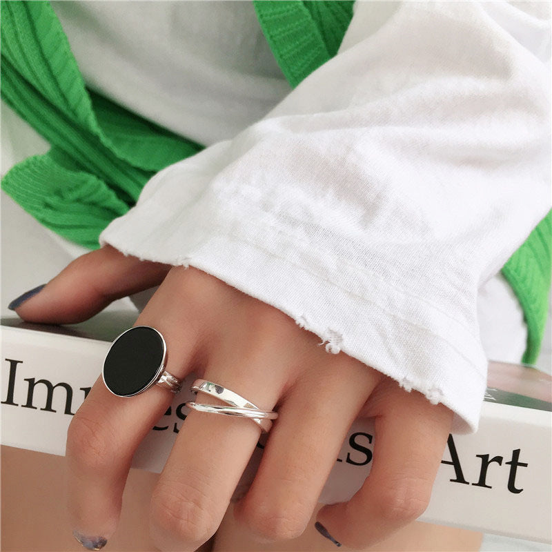 Womens Sterling Silver Ring Black Round Medal Cross Korean Geometric Design 925 Silver Adjustable Open Fashion