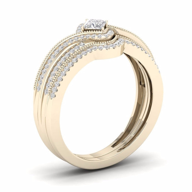 Womens Ring Set Square Micro Inlaid Zircons Gems Alloy Metal Electroplated Finish Wedding Jewelry Gift For Her