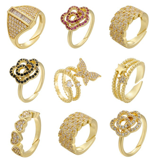 Adjustable Women Ring Copper Jewelry Butterflies Star Heart Twist Design Goldtone Fashion Accessory Daily Wear