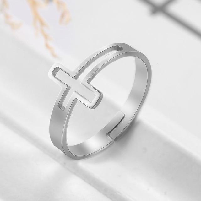 Womens Stainless Steel Cross Ring Adjustable Open Band Fashion Jewelry Gold White Rose Gold Colors Gift Birthday