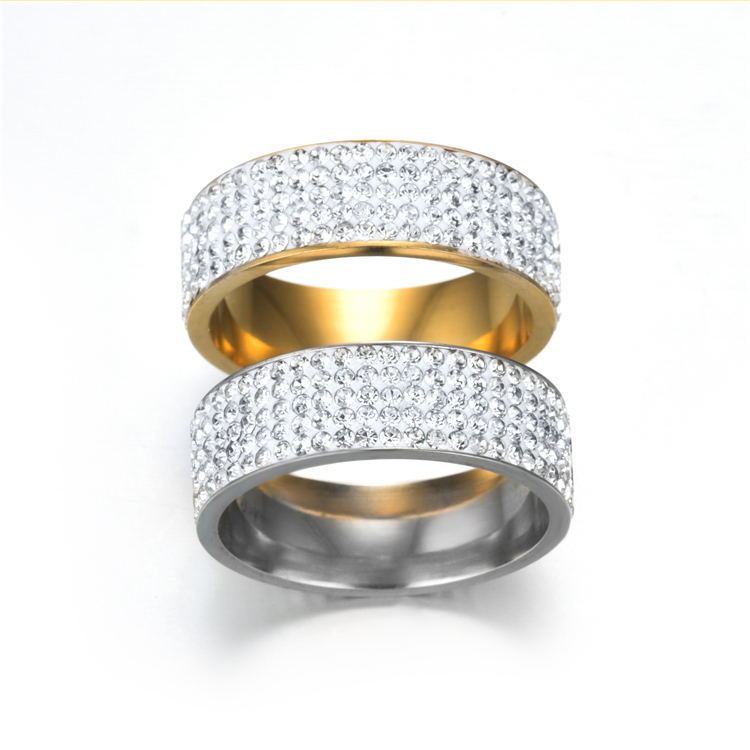 Womens Stainless Steel Ring With Five Row Diamond Geometric Gold Plated Inlaid Artificial Gems Geometric Design