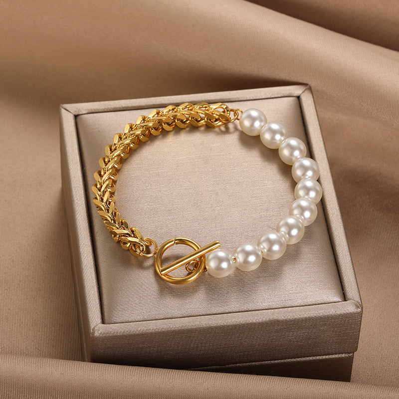 Womens Stainless Steel Bracelet With Pearl Inlay Geometric Design Gold Finish Or Platinum Finish Modern Look 2