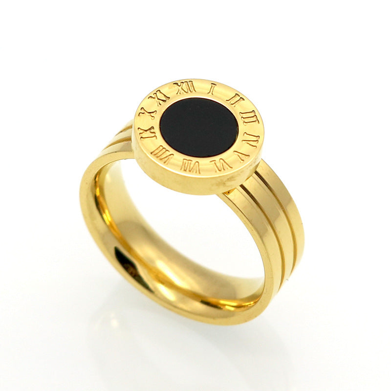 Roman Numerals Round Shell Agate Ring For Women Stainless Steel Titanium 10mm Cocktail Ring Circle Design Chic