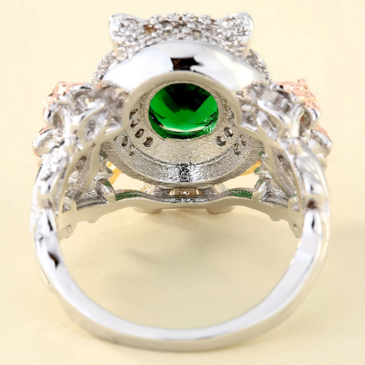 Copper Owl Ring With Green Zircon Inlay Unisex Jewelry Animal Zodiac Style Sizes 6 7 8 9 10 Birthday Gift Elegant