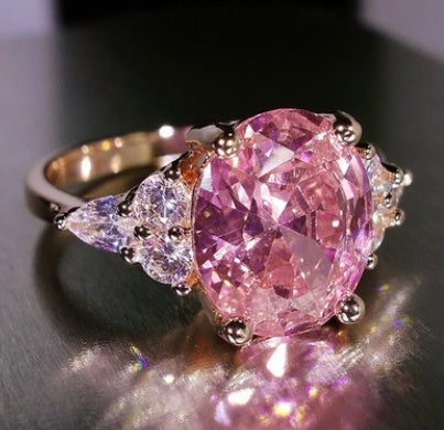 Women Pink Crystal Ring Princess Cut Simulated Diamond Goose Egg Shape Engagement Gift Silver Tone Best Choice