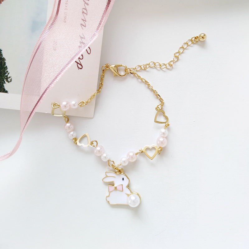 Geometric Pearl Bracelet Alloy Jewelry With Rabbit Design Korean Style Gift For Her Elegant Vintage Style Gift