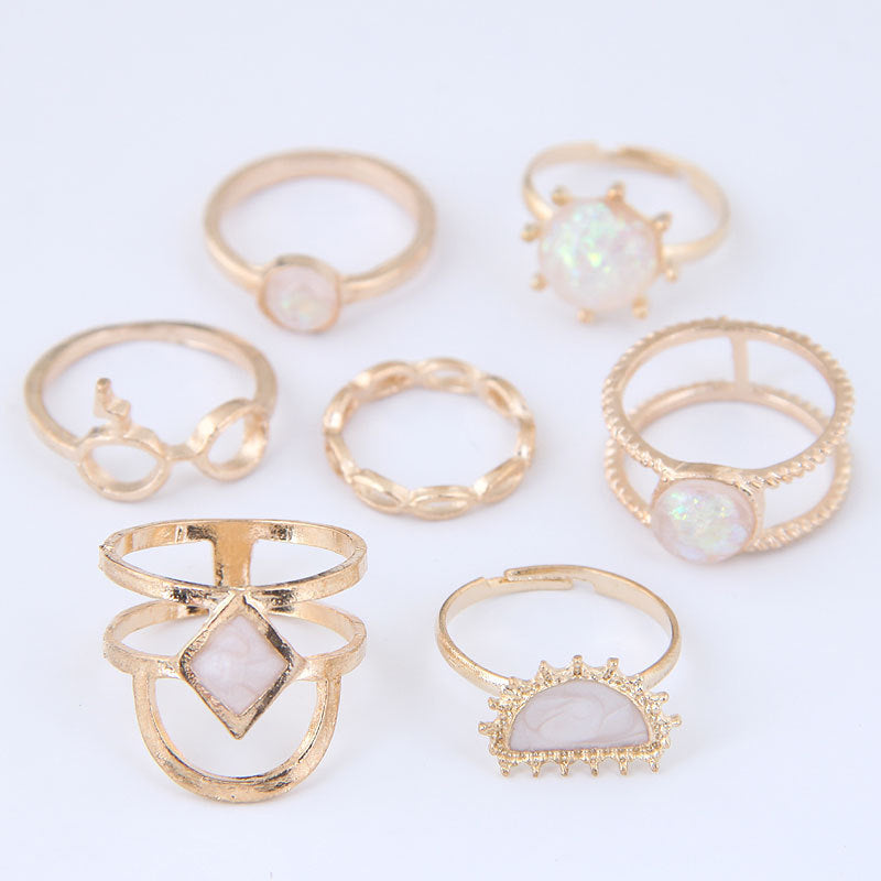 Boho Stackable Ring Set Seven Pcs Alloy Gemstone Rings For Women Bohemian European American Style Jewelry Essentials