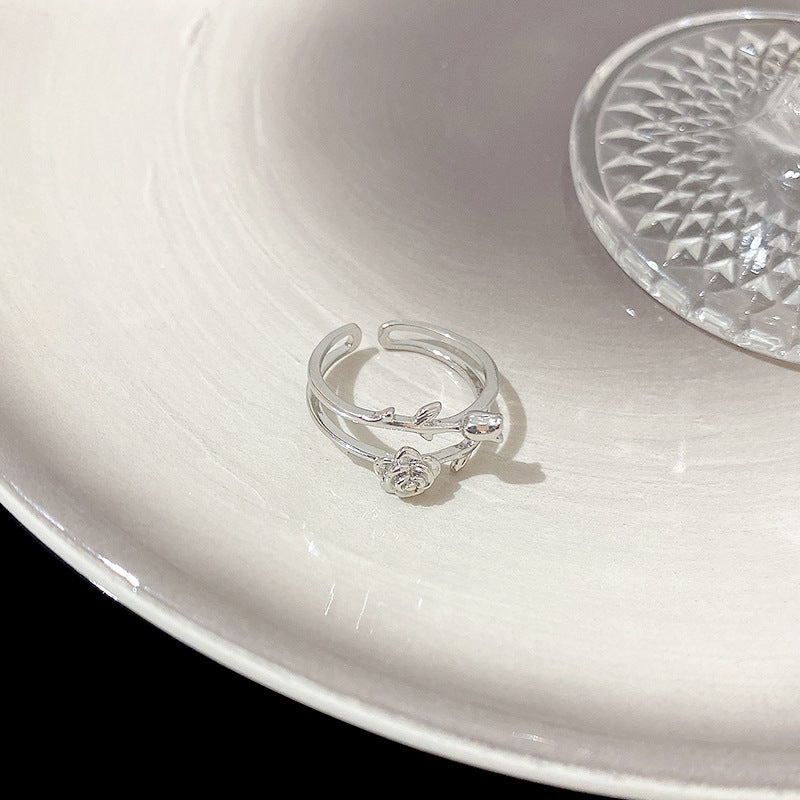 Silver Adjustable Flower Rose Copper Ring With Open Back For Ladies Girls Elegant Jewelry Accessories Gift Set