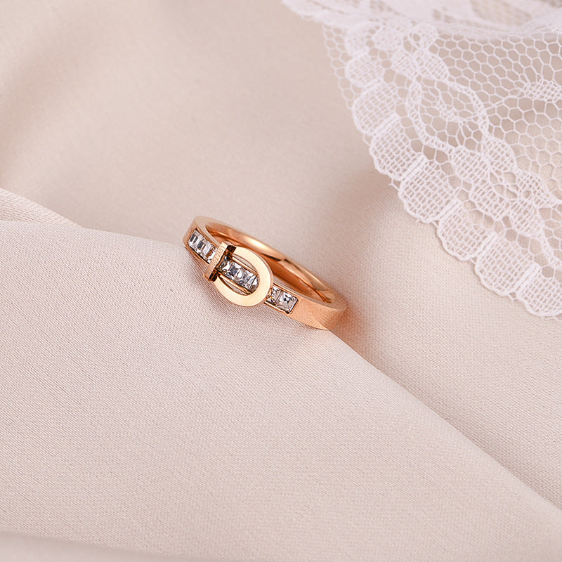 Geometric Rose Gold Titanium Steel Ring With Electroplated Gemstone For Women Durable Elegant Fashion Jewellery